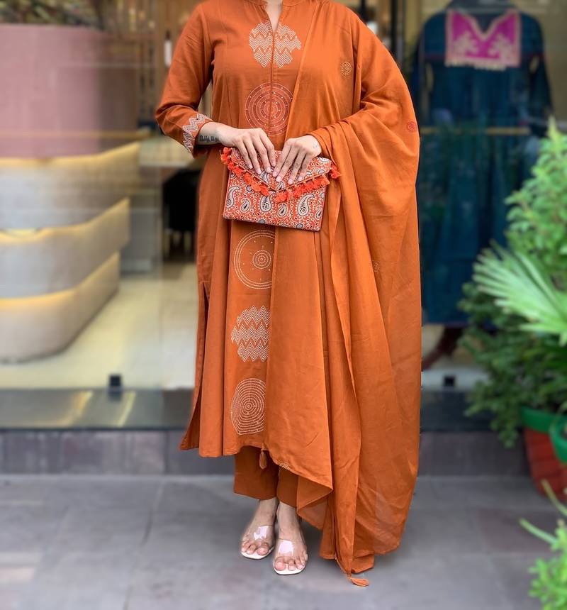orange embroidered chanderi straight kurta set with chinon dupatta