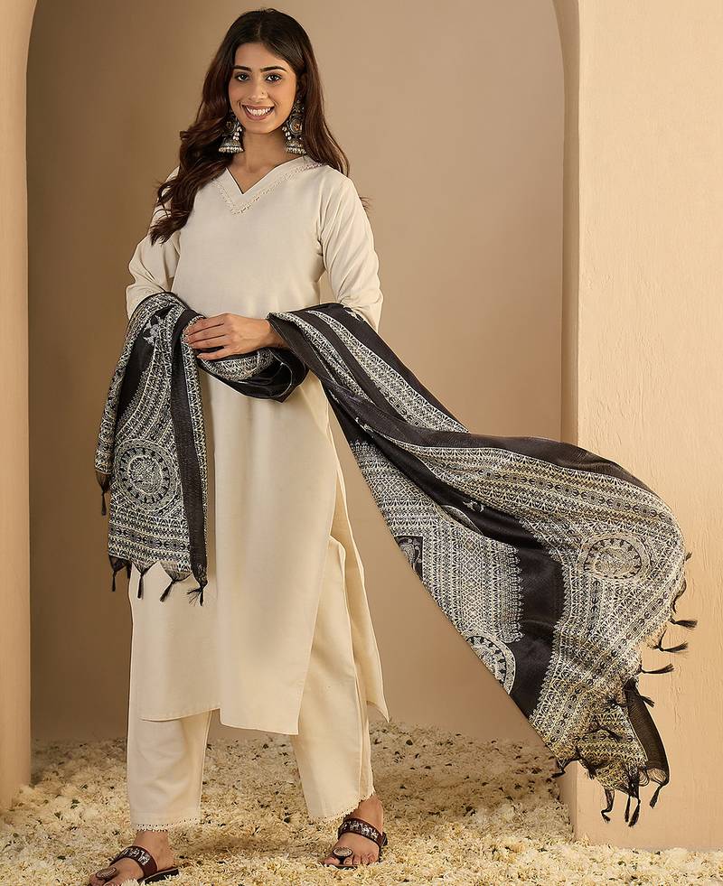 White-black women kurta pant dupatta set