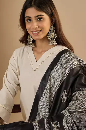White-black women kurta pant dupatta set