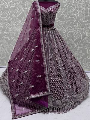 wine sequins embroidered net lehenga set choli with dupatta 6