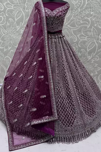 wine sequins embroidered net lehenga set choli with dupatta
