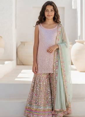 Pink embroidered georgette sharara set 1