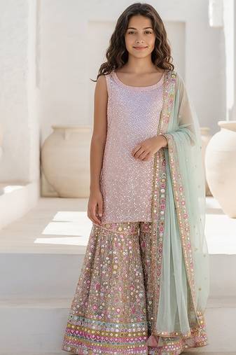 Pink embroidered georgette sharara set