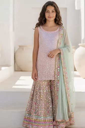 Pink embroidered georgette sharara set