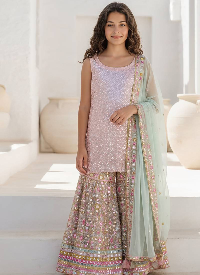 Pink embroidered georgette sharara set