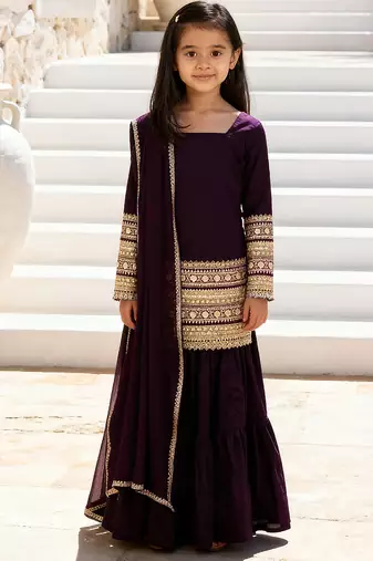 Purple embroidered velvet sharara set