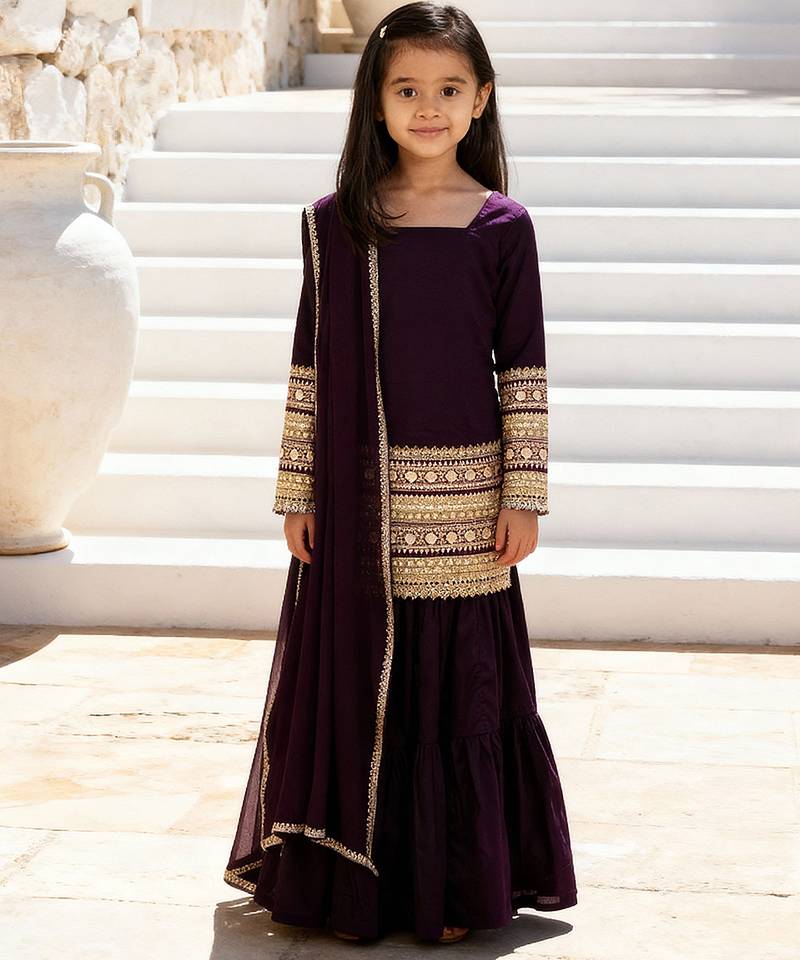 Purple embroidered velvet sharara set
