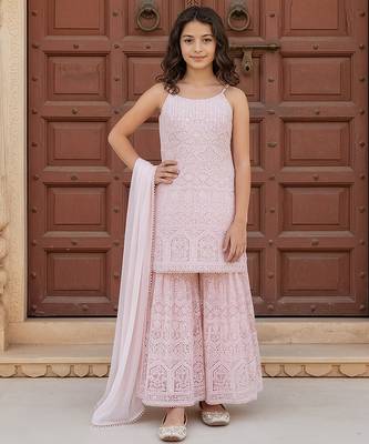 Pink embroidered georgette sharara set 1