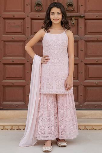 Pink embroidered georgette sharara set