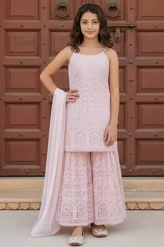 Pink embroidered georgette sharara set