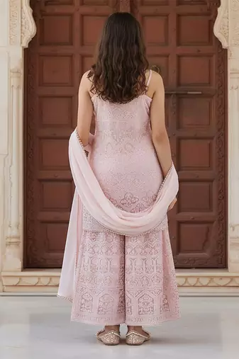 Pink embroidered georgette sharara set