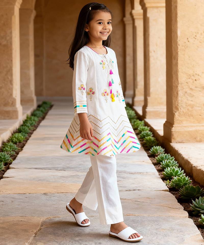 White embroidered cotton kurti set