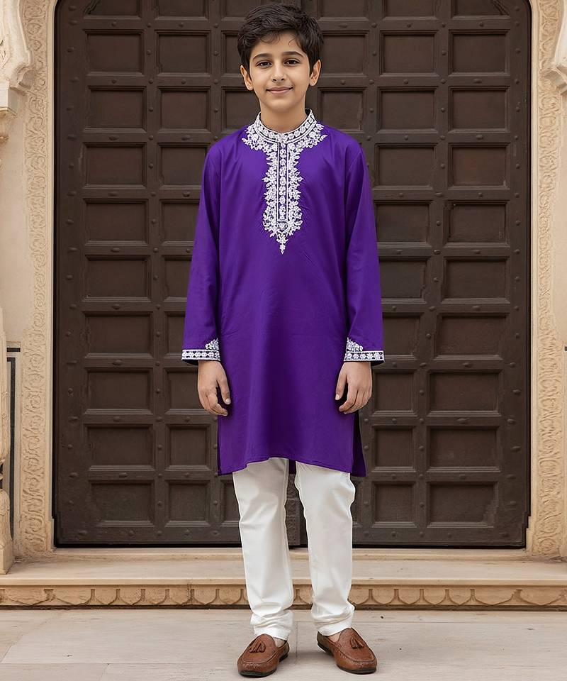 Purple embroidered cotton kurta set