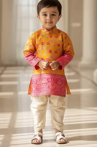 Orange woven brocade kurta set