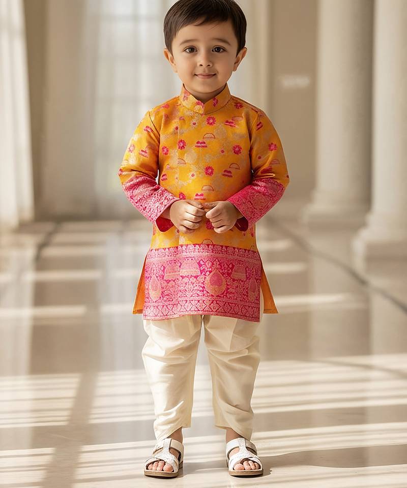 Orange woven brocade kurta set