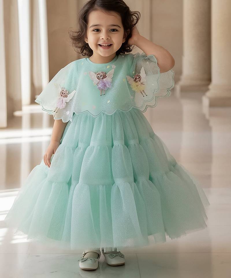 Green embroidered net gown