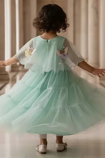 Green embroidered net gown