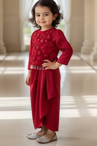 Red embroidered net dhoti set