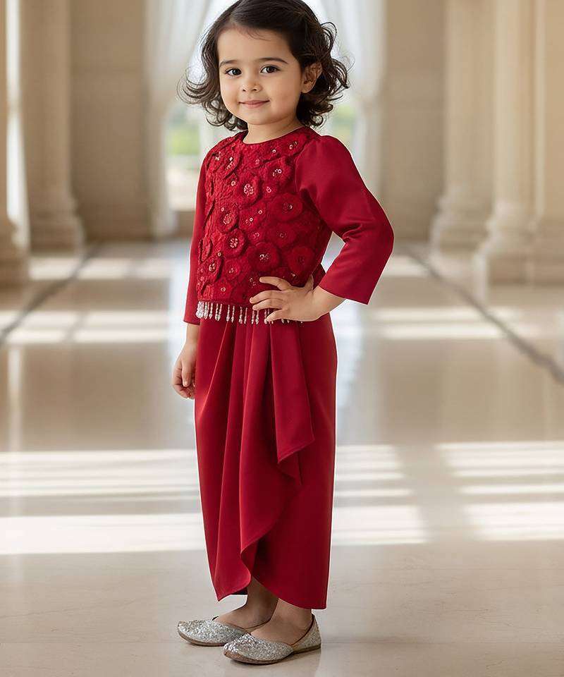 Red embroidered net dhoti set