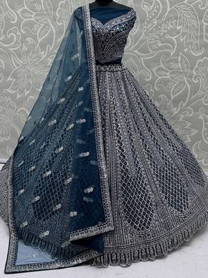blue sequins embroidered net party lehenga set choli with dupatta 7