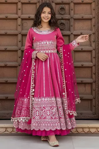 Pink embroidered tissue anarkali set