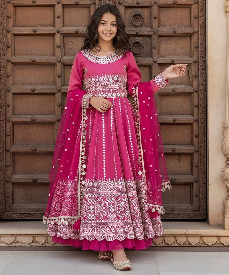 Pink embroidered tissue anarkali set