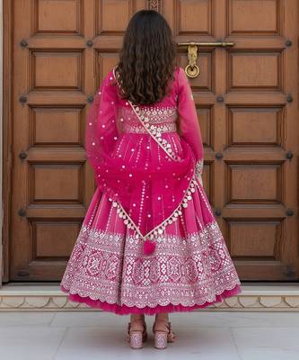 Pink embroidered tissue anarkali set 2