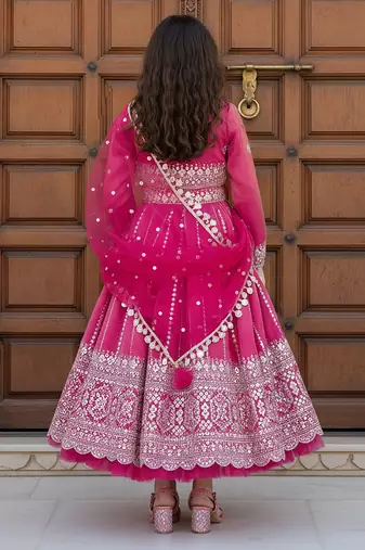 Pink embroidered tissue anarkali set