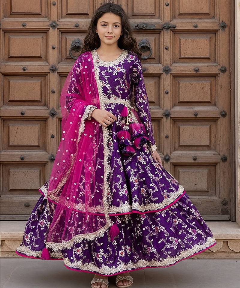 Purple embroidered brocade anarkali set