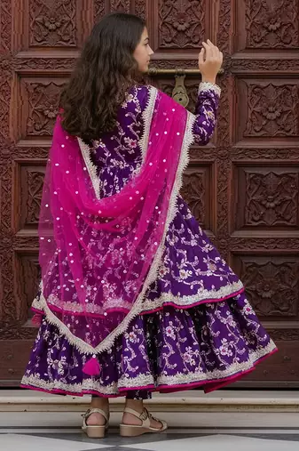 Purple embroidered brocade anarkali set