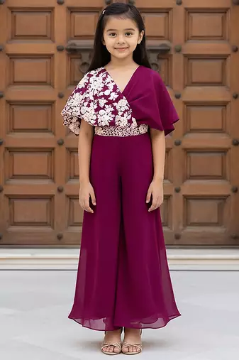 Purple embroidered georgette jumpsuit