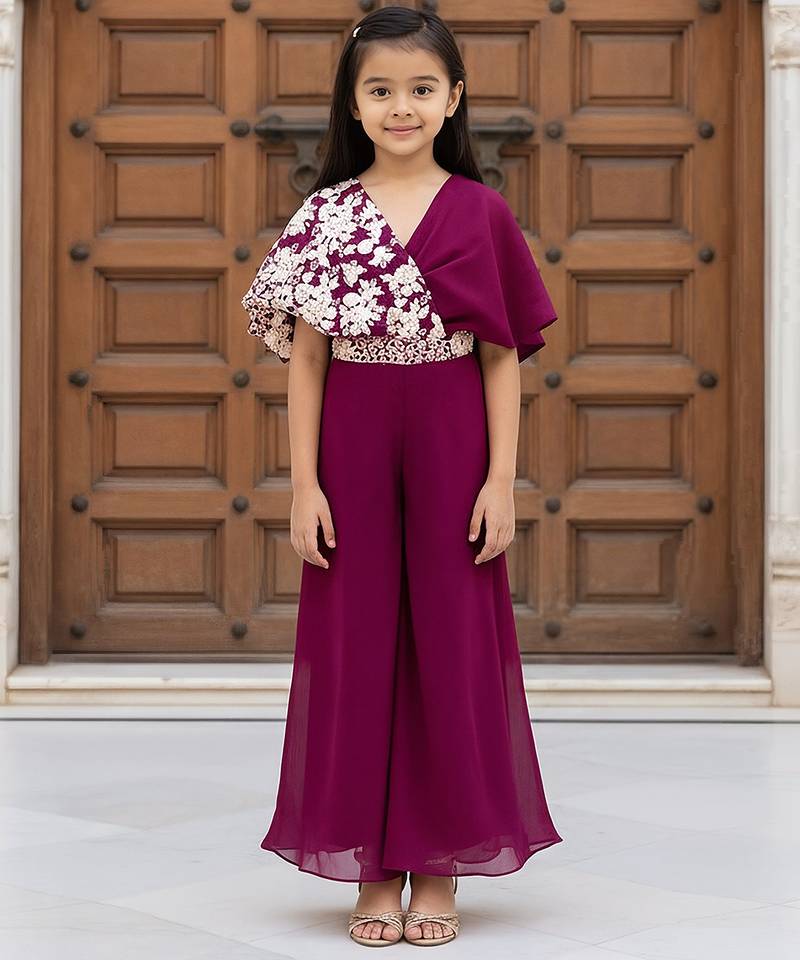 Purple embroidered georgette jumpsuit