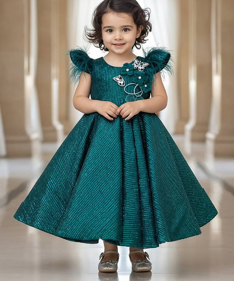 Green embroidered net gown