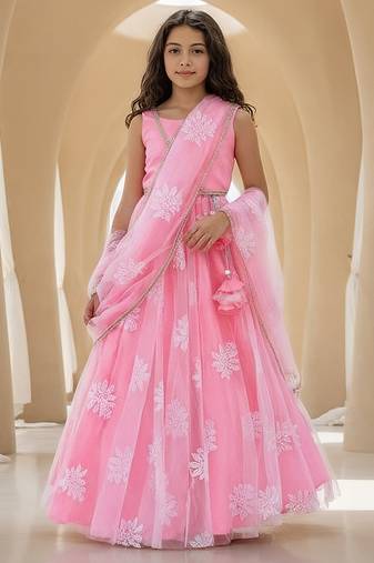 Pink embroidered net lehenga set