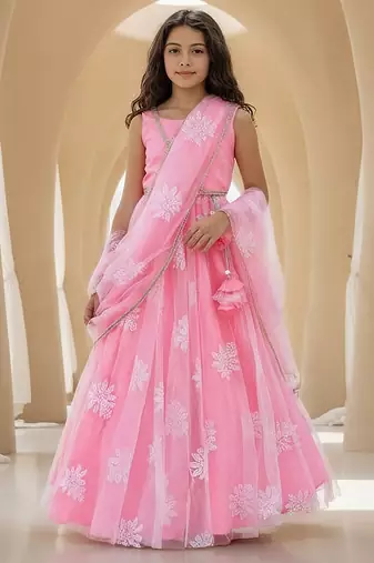 Pink embroidered net lehenga set