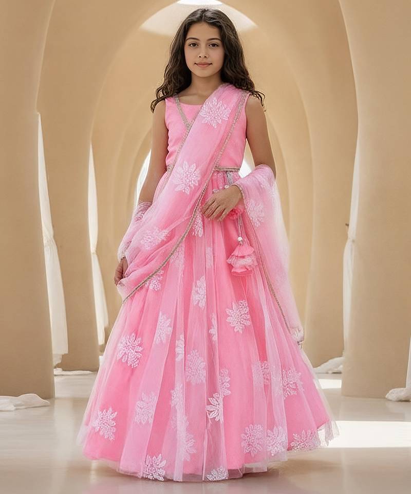Pink embroidered net lehenga set