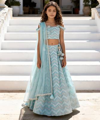 Blue embroidered georgette lehenga set 1