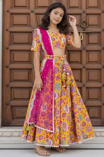 Yellow embroidered cotton lehenga set
