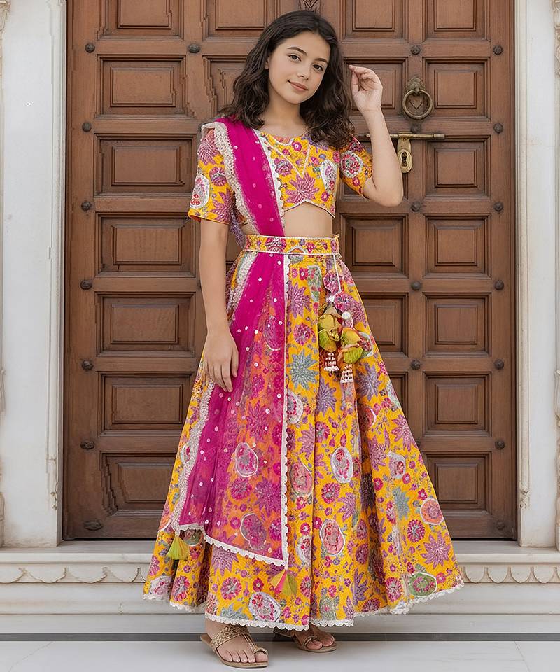 Yellow embroidered cotton lehenga set
