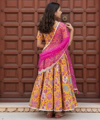 Yellow embroidered cotton lehenga set 2