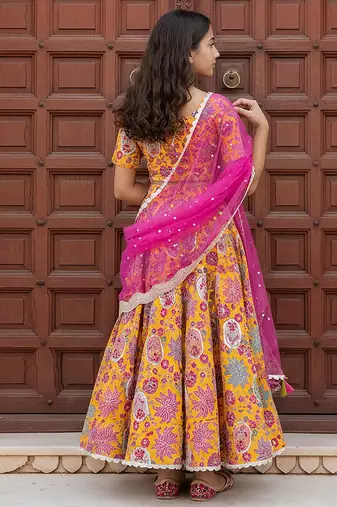 Yellow embroidered cotton lehenga set