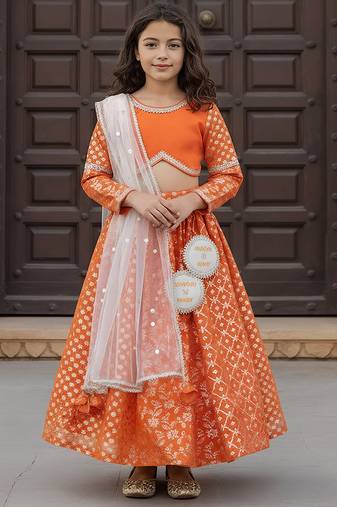 Orange embroidered chanderi lehenga set
