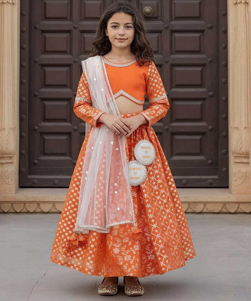 Orange embroidered chanderi lehenga set