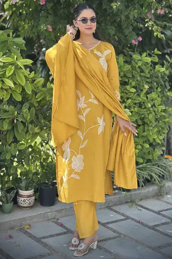 Yellow women kurta pant dupatta set