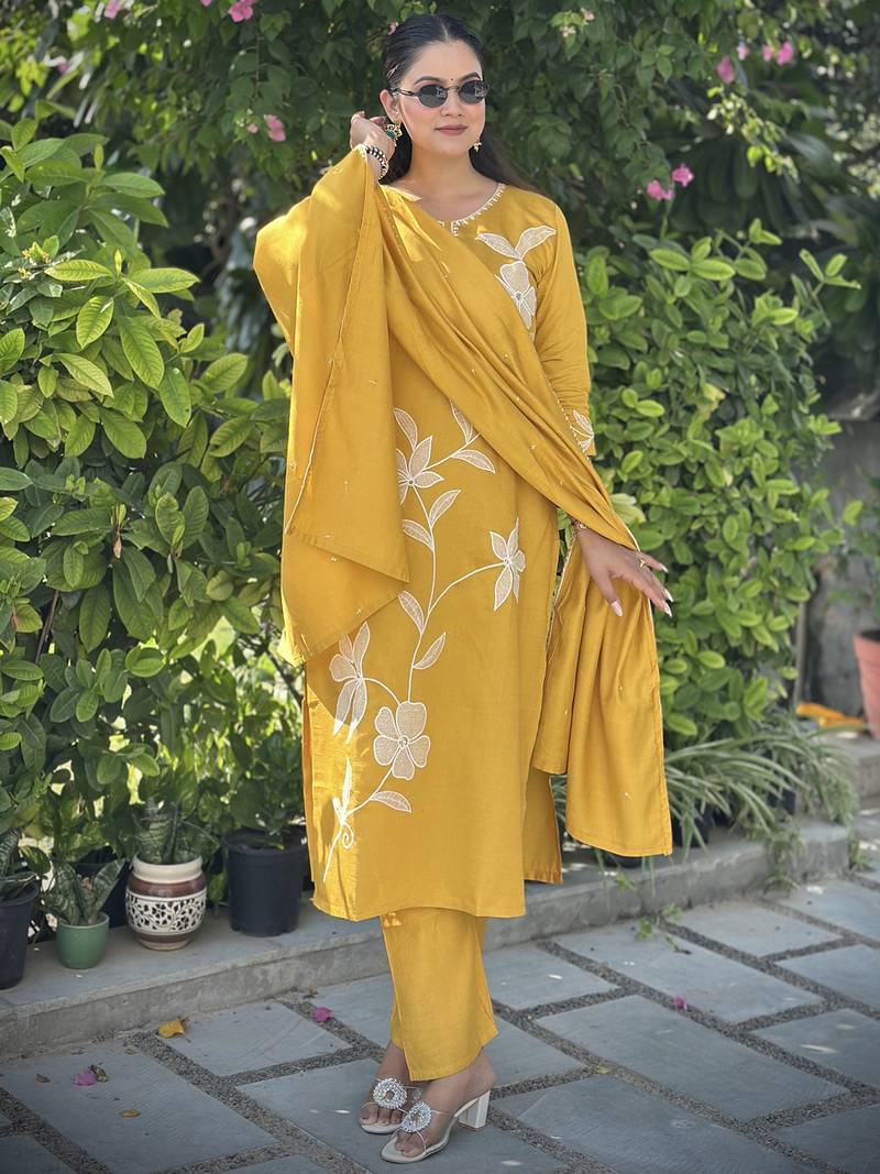 Yellow women kurta pant dupatta set