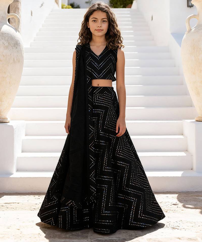 Black embroidered georgette lehenga set