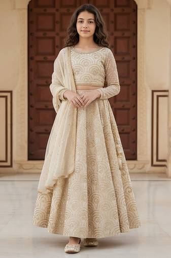 Beige embroidered dupion lehenga set
