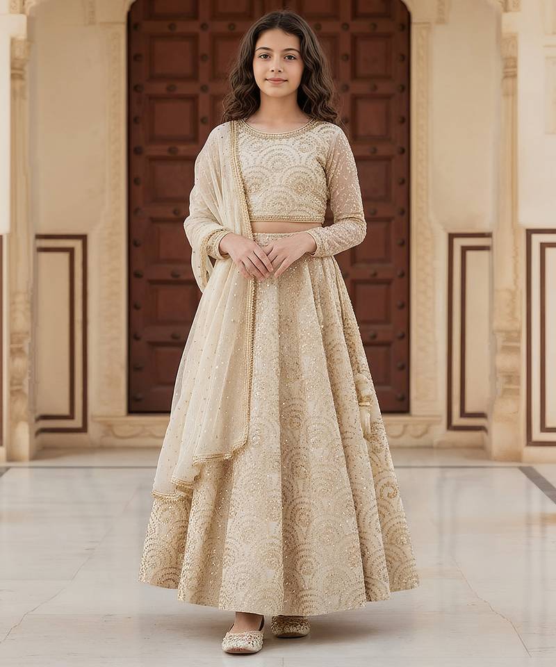 Beige embroidered dupion lehenga set