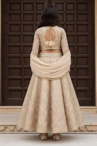 Beige embroidered dupion lehenga set