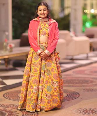 Yellow embroidered cotton lehenga set 1